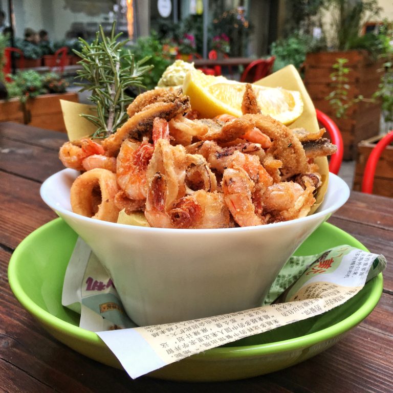 Gluten free variety of fried fish at Quinoa restaurant